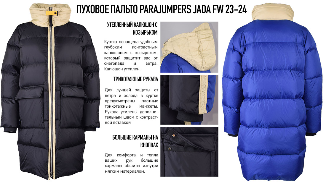 Новое женское пуховое пальто Parajumpers JADA FW 23-24. Инфографика по деталям кроя